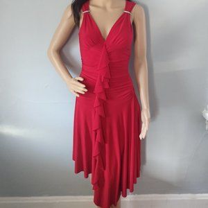 Wrap Effect Front Gathered Ruffle V-Neck Red Sleeveless Midi Dress-US Size Small